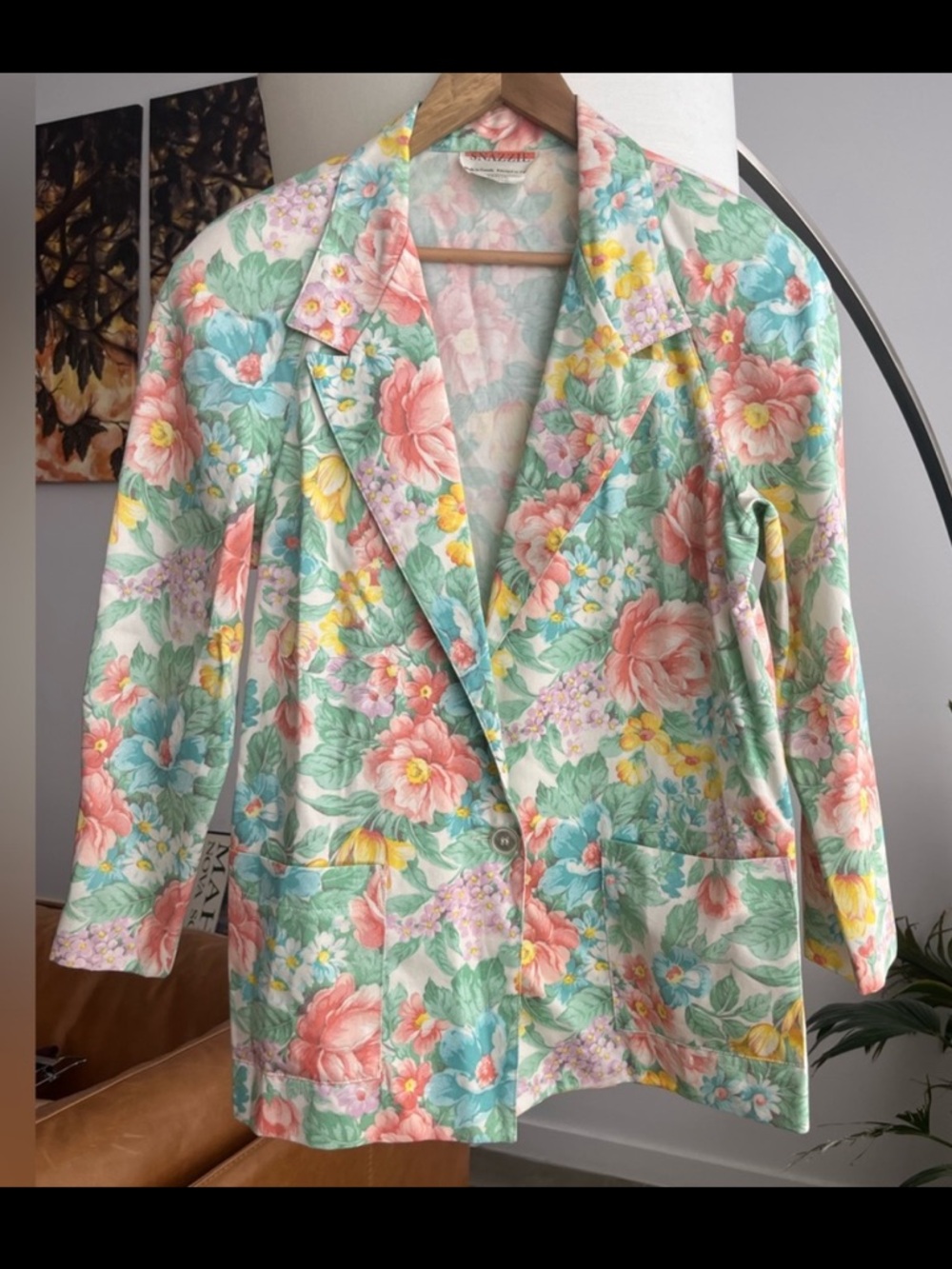 Vintage Snazzie Cotton Floral Print Long One-Button Blazer